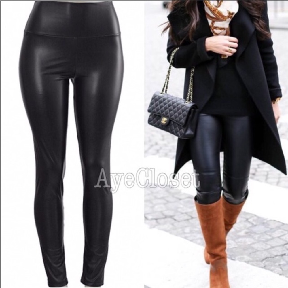 Faux Leather Leggings Pants Black High Waist Tummy Control LINED - Picture 3 of 6